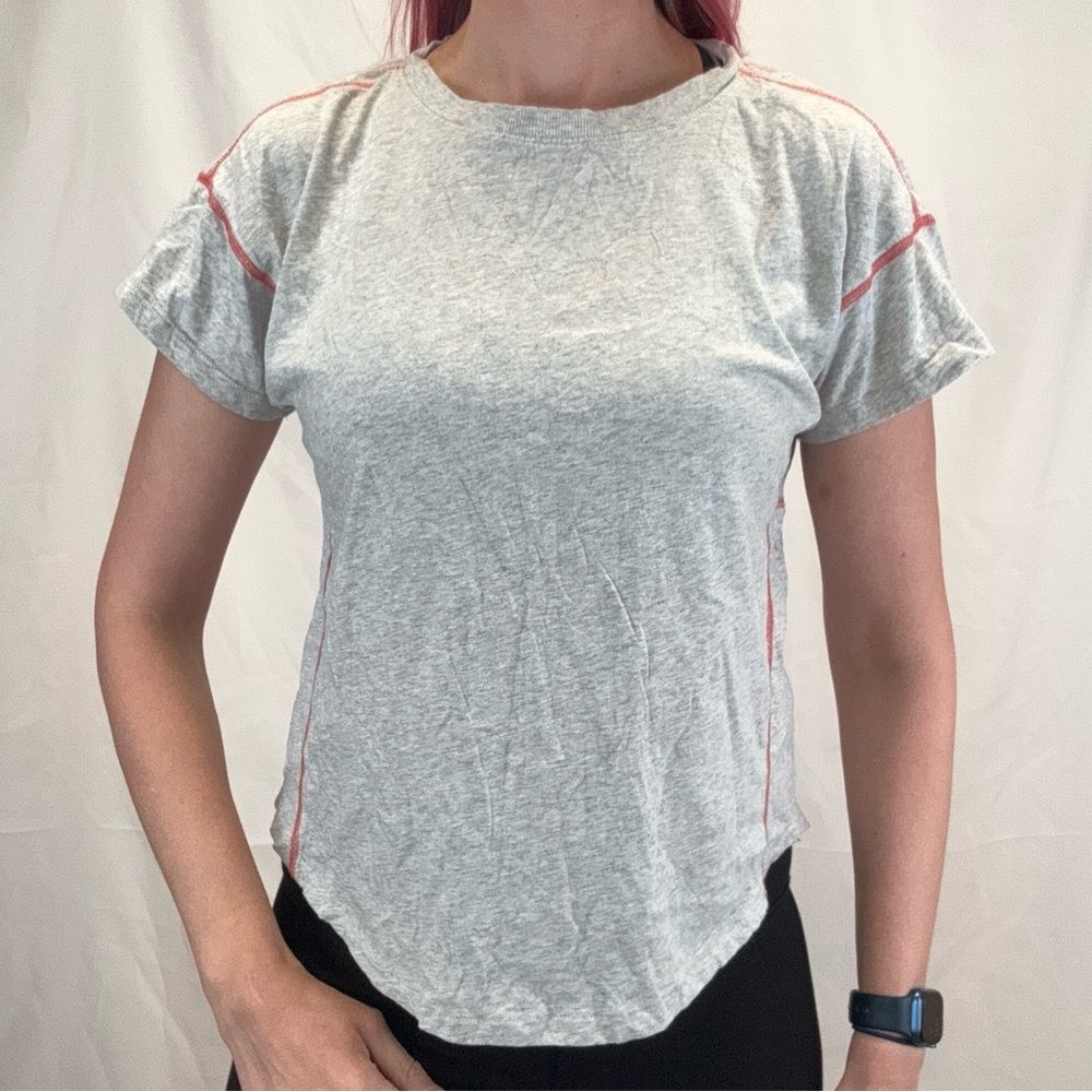 Lou & Grey Tee Contrast Stitch Striped Sleeve Gray Curved Hem Size S